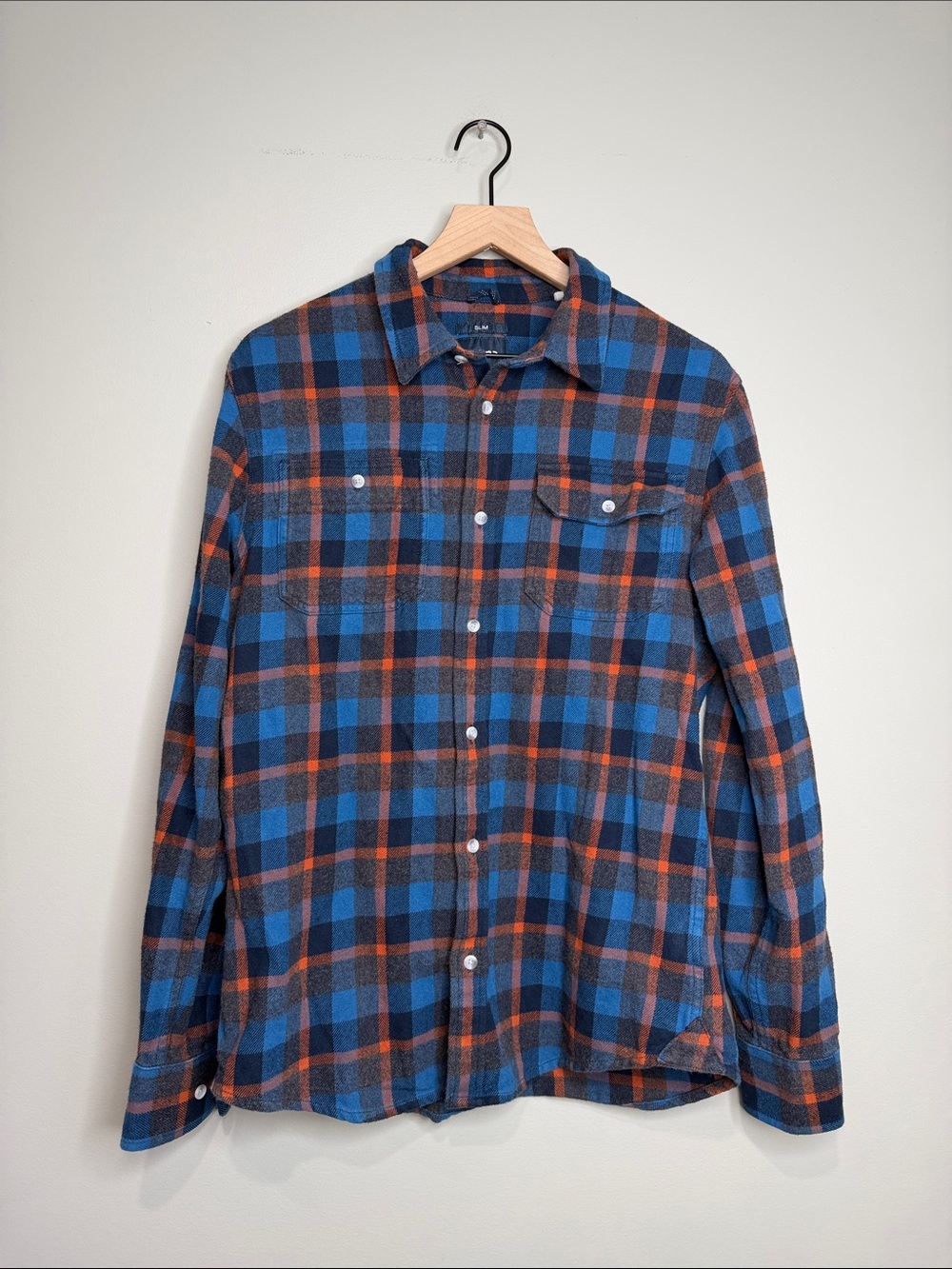 Prana Men's Blue & Orange Plaid Flannel Shirt Slim Fit